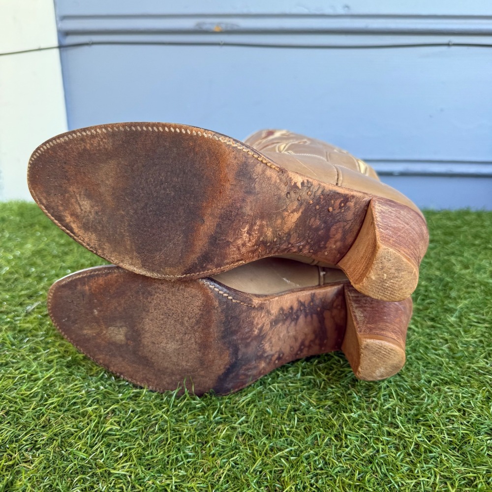 Vtg 80s Dan Post Leather Western Flower Cowboy Boots Womens 7 M Inlay Block Heel - Picture 9 of 11